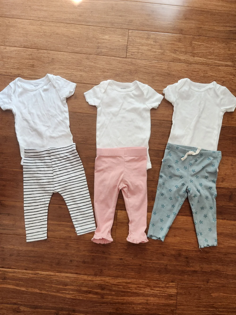 Set Of 3 Baby Girls Short Sleeve White Onesies with Pants, 9 Months